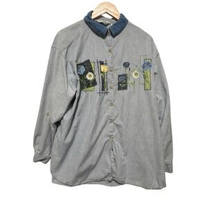 Victoria Jones Woman Button Top 24W Blue Stripe Floral Embroidered Denim Collar